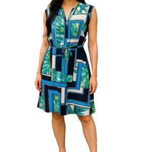 NY&Co Women’s Dress L NEW Zip Front V-Neck Sleeveless Geometric Career Sheath